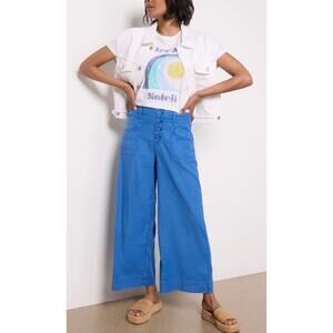 EVEREVE Joelle Blue Linen Blend Wide Leg Button Fly Cropped Pants Sz 26 Boho